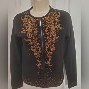 Ann Taylor Black Cardigan with Gold Beads Floral Embroidery